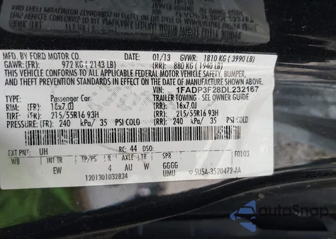 2013 Ford Focus Se z USA, uszkodzony, nr VIN 1FADP3F28DL232167